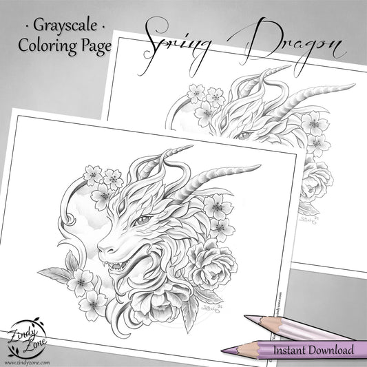 Spring Dragon Grayscale Coloring Page