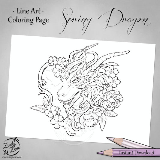 Spring Dragon Line Art Coloring Page