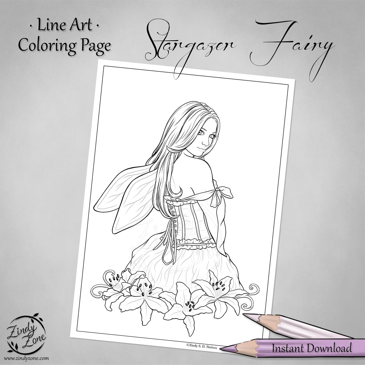 Stargazer Fairy Line Art Coloring Page