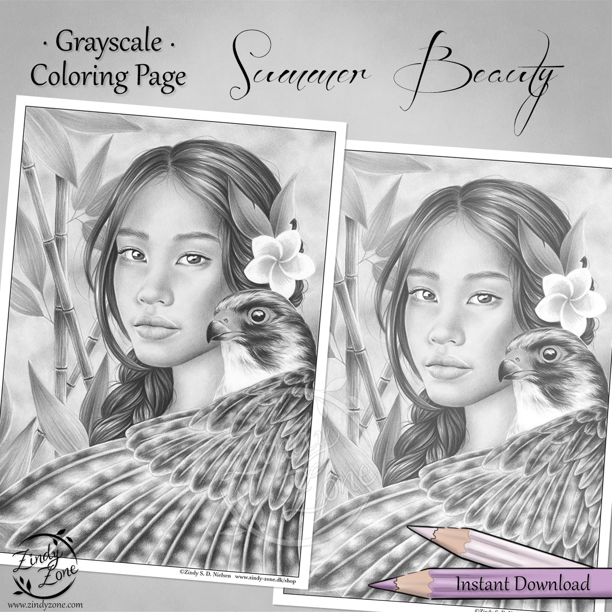 Summer Beauty Grayscale Coloring Page