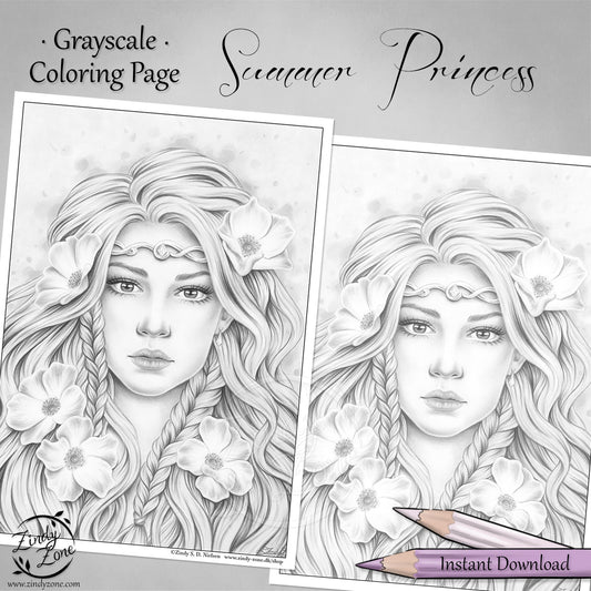 Summer Princess Grayscale Coloring Page