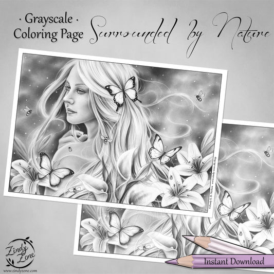 Surrounded by Nature Grayscale Coloring Page