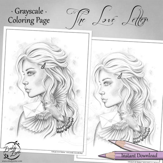 The Love Letter Grayscale Coloring Page