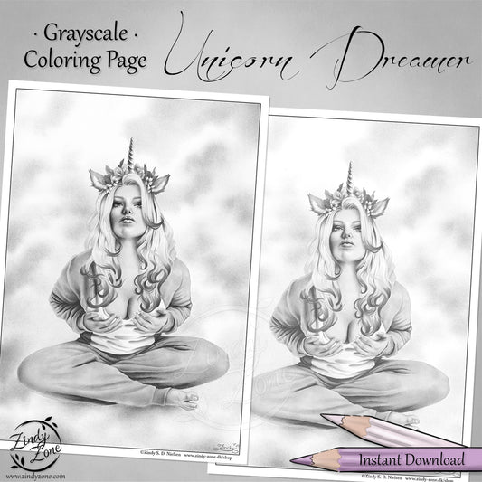 Unicorn Dreamer Grayscale Coloring Page