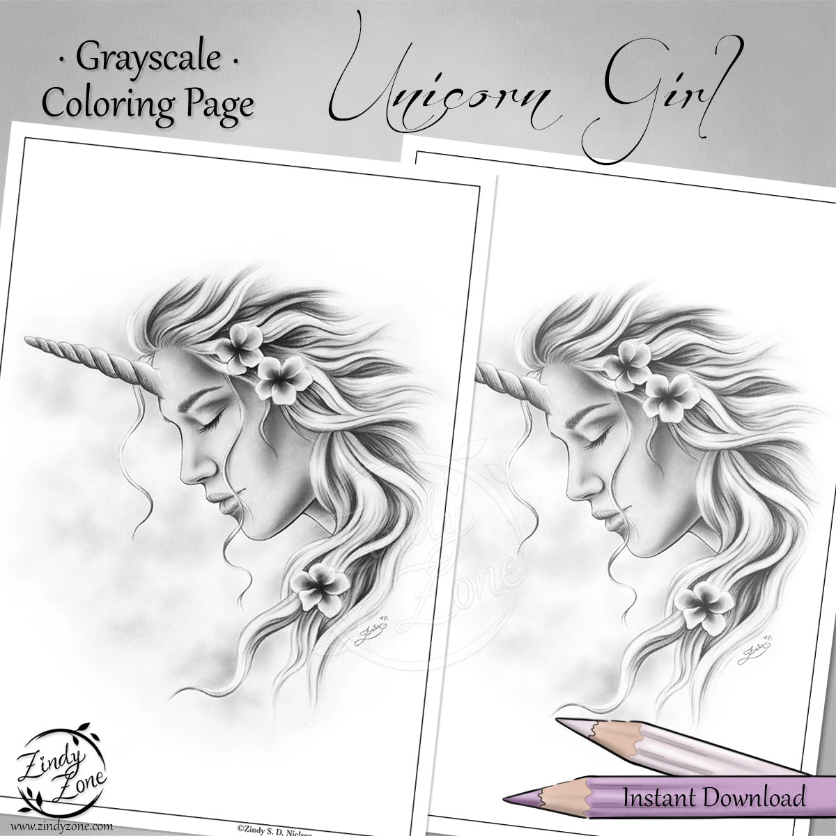 Unicorn Girl Grayscale Coloring Page