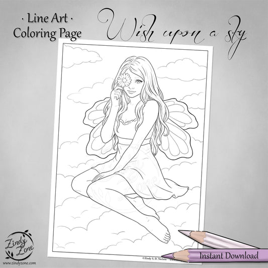 Wish upon a sky Fairy Line Art Coloring Page