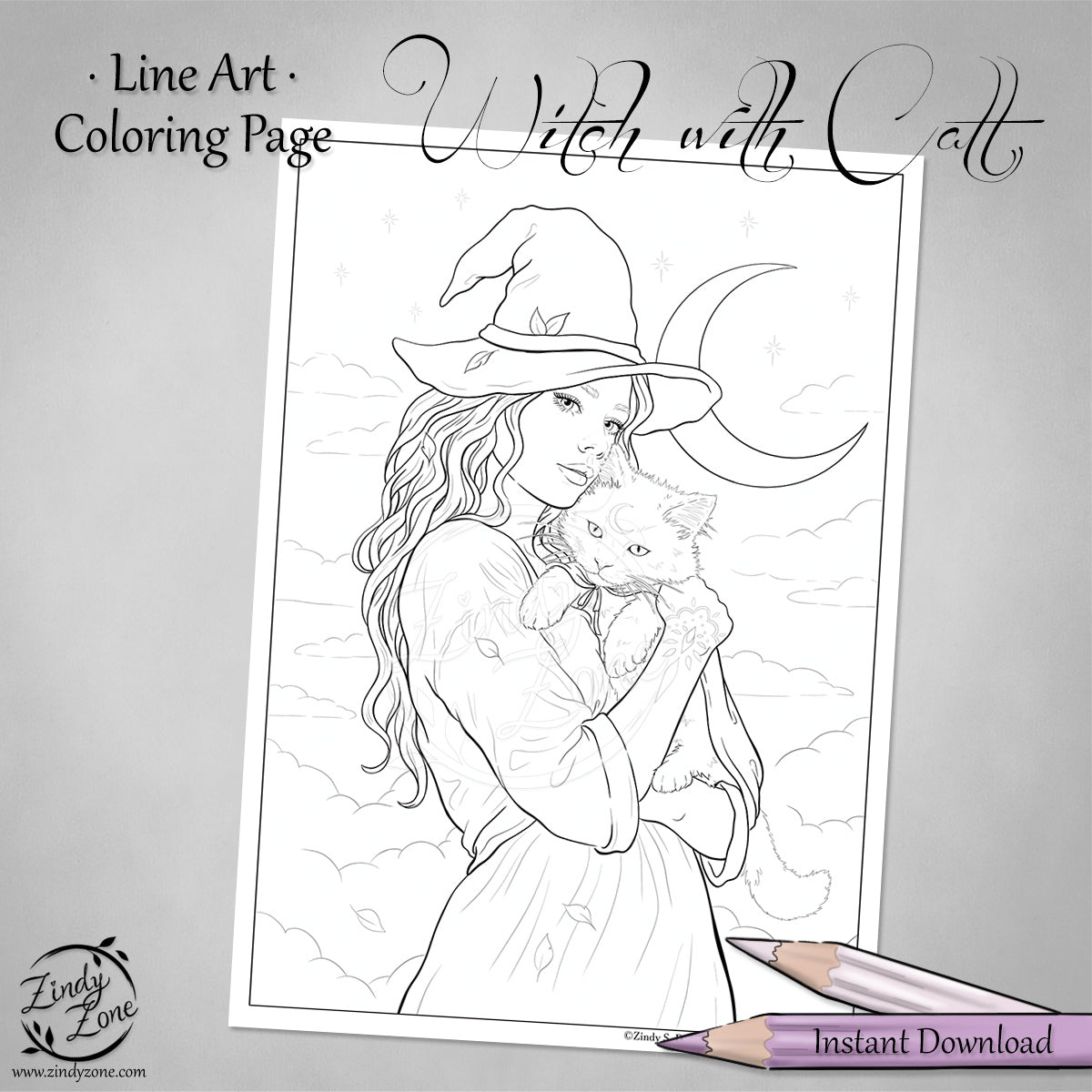 Witch with the cat Line Art Coloring Page