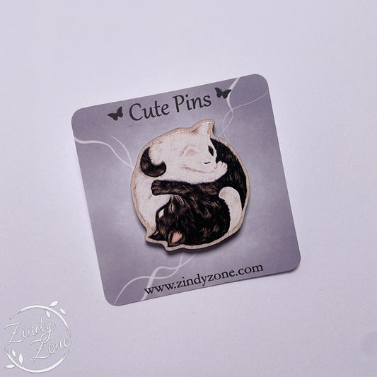 Yin Yang Cats Wood Pin
